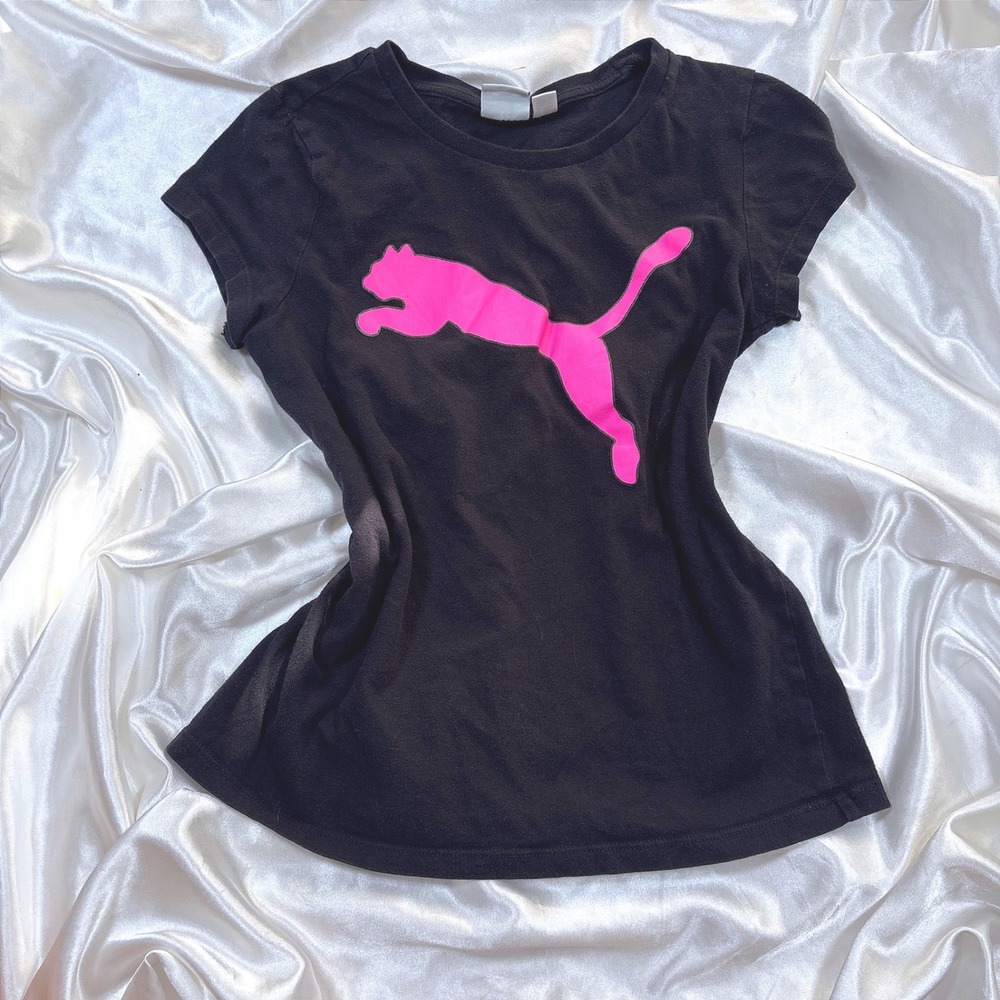 y2k Puma Graphic Tee Black Excellent Pink Big Cat Logo Short Sleeve Sporty Shirt